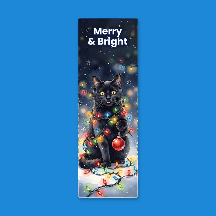 Merry &amp; Bright watercolor bookmark with black cat tangled in Christmas lights – Designs by Mysh