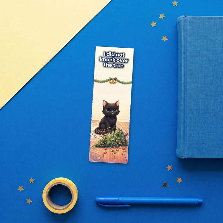 I Did Not Knock Over the Tree black cat kawaii bookmark flat lay with blue stationery – Designs by Mysh