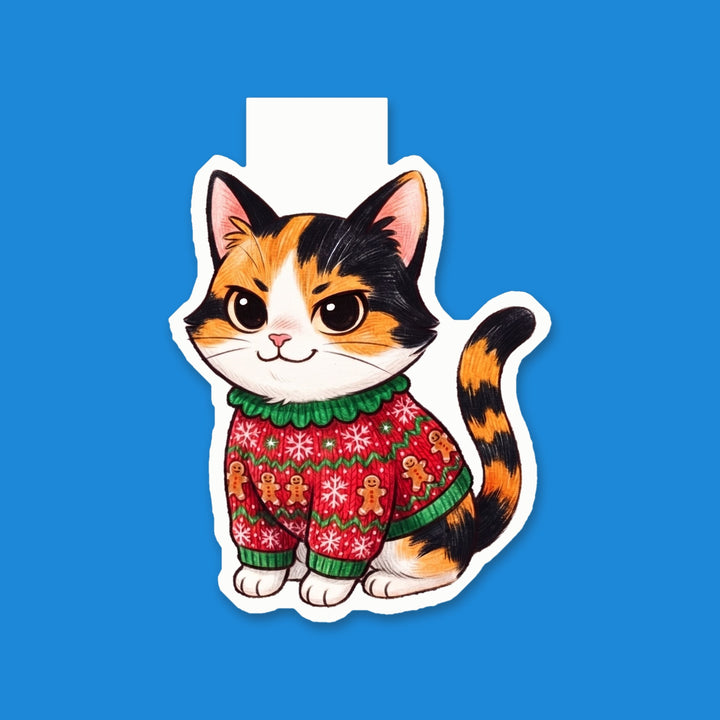 Tricolor calico cat in gingerbread ugly Christmas sweater kawaii magnetic bookmark – Designs by Mysh