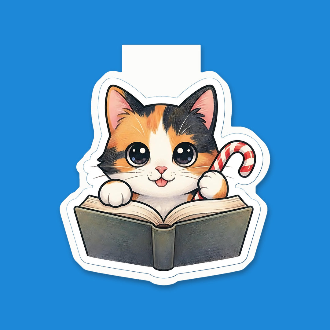 Calico cat with candy cane kawaii magnetic bookmark – Designs by Mysh