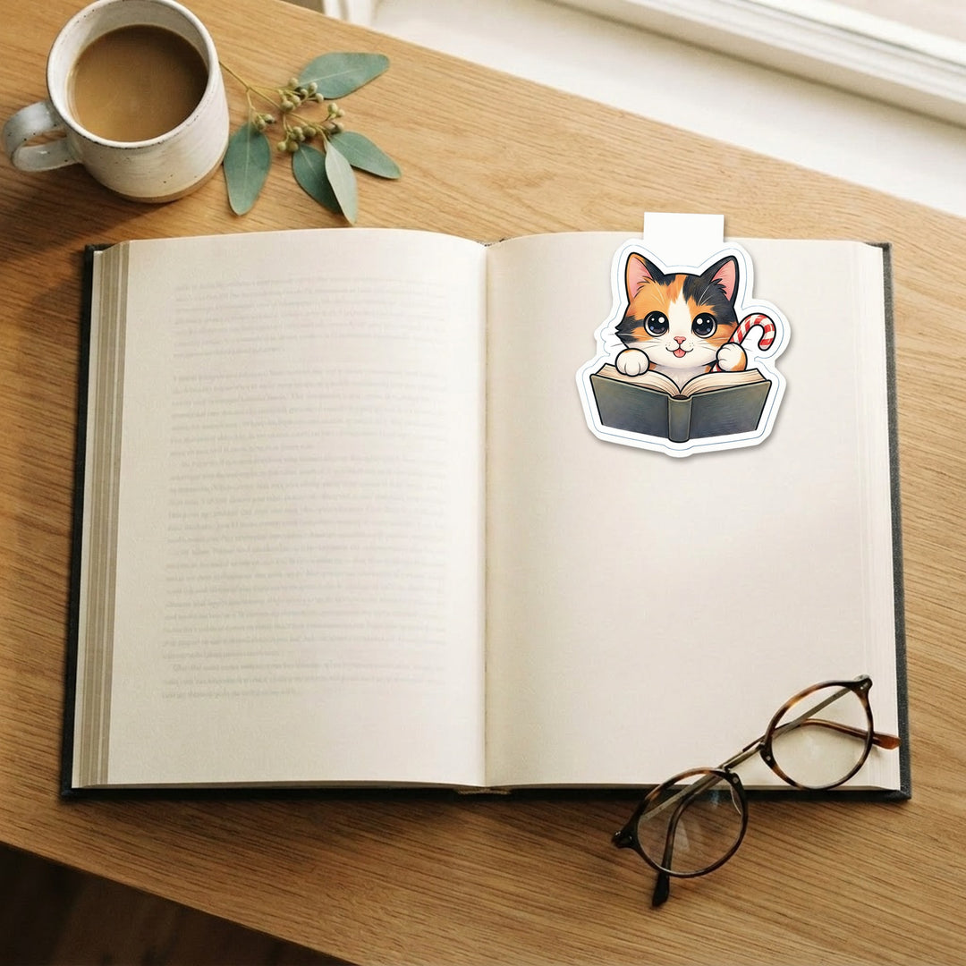 Calico cat with candy cane kawaii magnetic bookmark on an open book – Designs by Mysh
