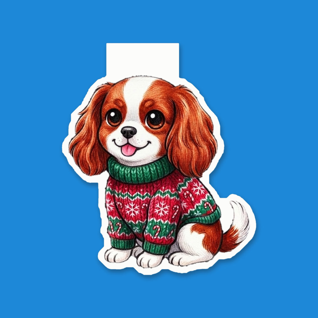 Blenheim Cavalier King Charles Spaniel in candy cane ugly Christmas sweater kawaii magnetic bookmark – Designs by Mysh