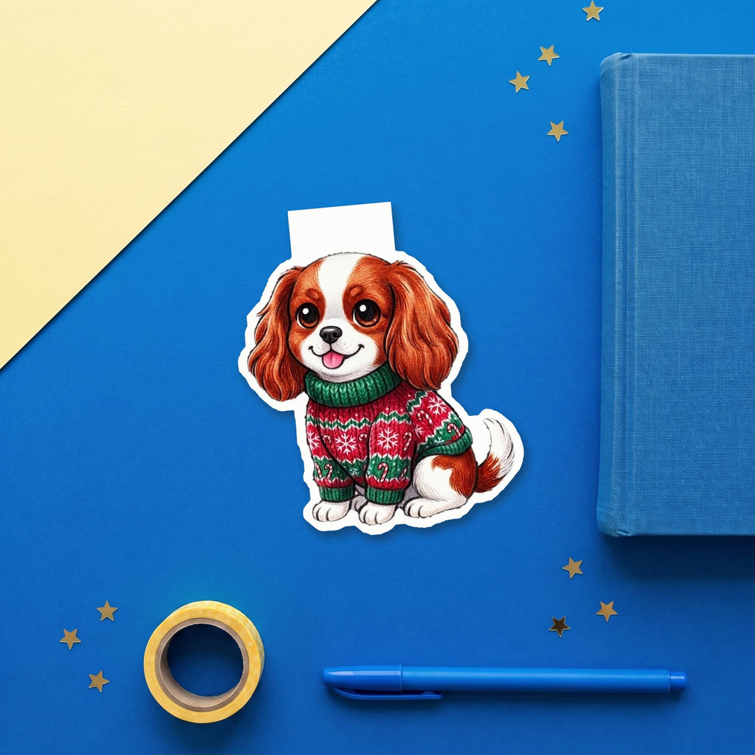 Blenheim Cavalier King Charles Spaniel in candy cane ugly Christmas sweater kawaii magnetic bookmark flat lay with blue stationery – Designs by Mysh
