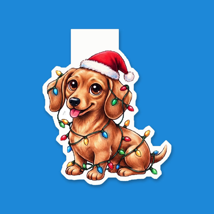 Red Dachshund in Santa hat tangled in Christmas lights kawaii magnetic bookmark – Designs by Mysh