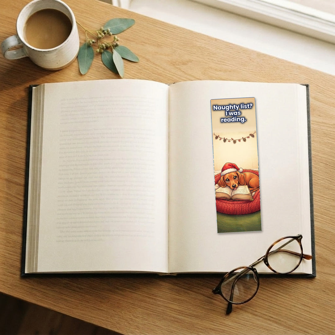 Naughty List? I Was Reading Dachshund kawaii bookmark on an open book – Designs by Mysh