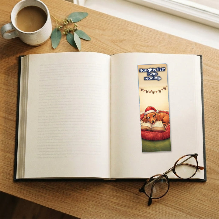 Naughty List? I Was Reading Dachshund kawaii bookmark on an open book – Designs by Mysh