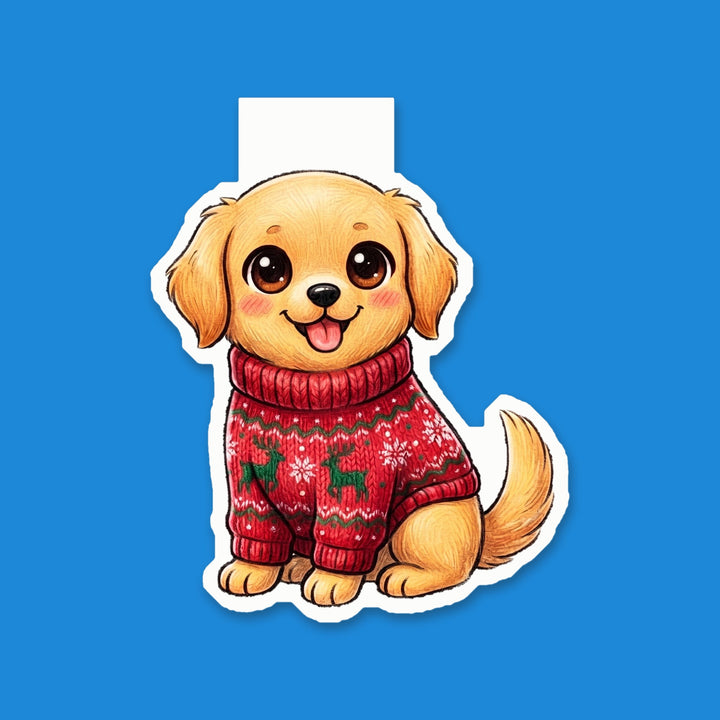 Golden Retriever in red reindeer ugly Christmas sweater kawaii magnetic bookmark – Designs by Mysh