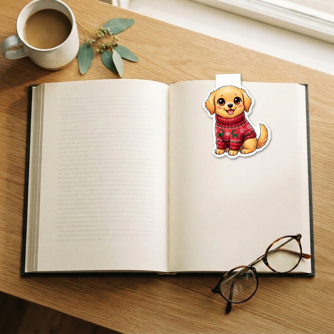 Golden Retriever in red reindeer ugly Christmas sweater kawaii magnetic bookmark clipped on an open book – Designs by Mysh