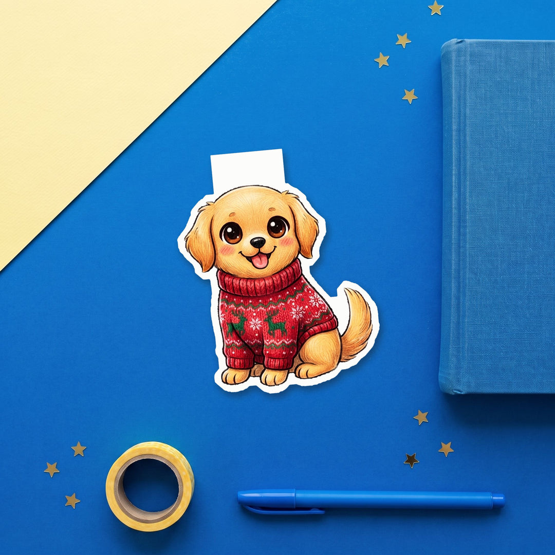 Golden Retriever in red reindeer ugly Christmas sweater kawaii magnetic bookmark flat lay with blue stationery – Designs by Mysh