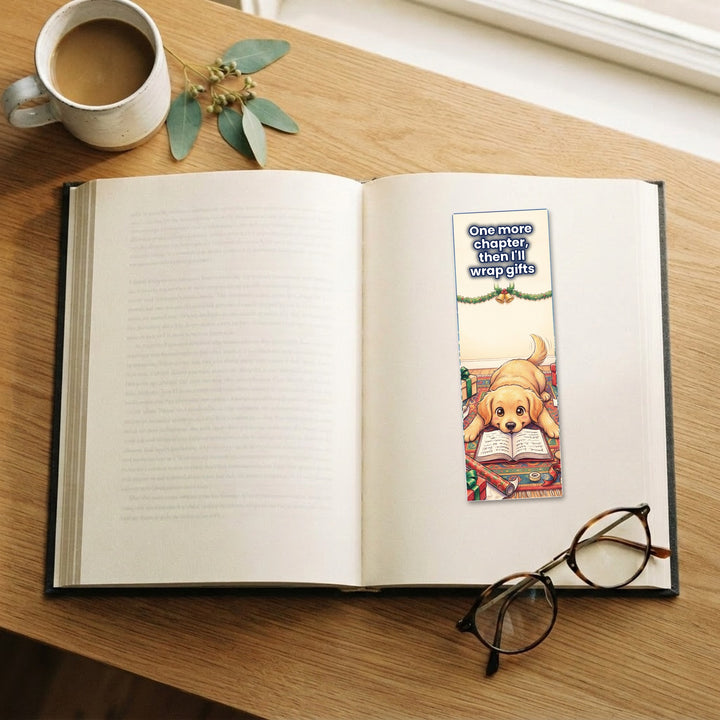 One More Chapter Golden Retriever kawaii bookmark on an open book – Designs by Mysh