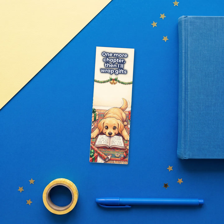 One More Chapter Golden Retriever kawaii bookmark flat lay with blue stationery – Designs by Mysh