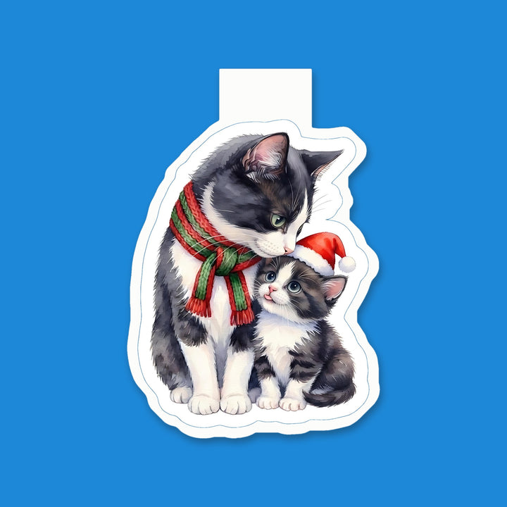 Tuxedo mama cat and kitten in Santa hat and scarf watercolor magnetic bookmark – Designs by Mysh