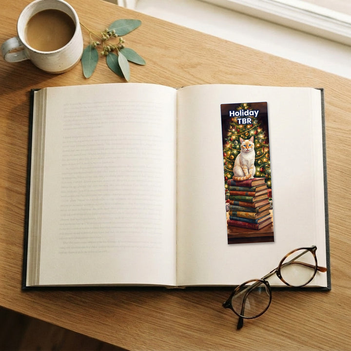 Holiday TBR Siamese watercolor bookmark on an open book – Designs by Mysh