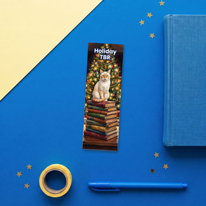 Holiday TBR Siamese bookmark flat lay with blue stationery – Designs by Mysh