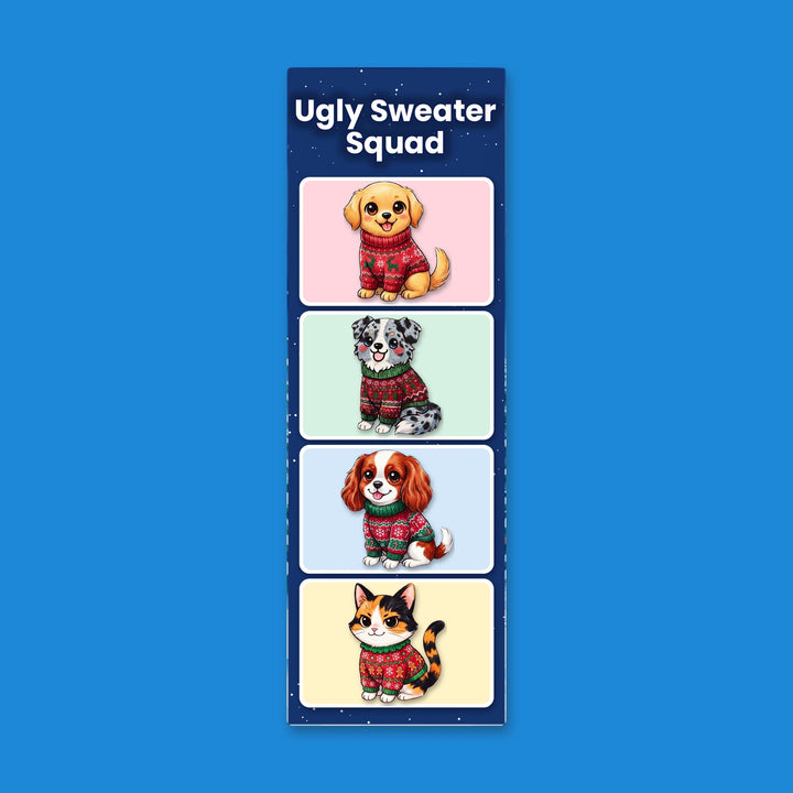 Ugly Sweater Squad kawaii bookmark with Golden Retriever, Aussie, Cavalier and Calico cat in Christmas sweaters – Designs by Mysh