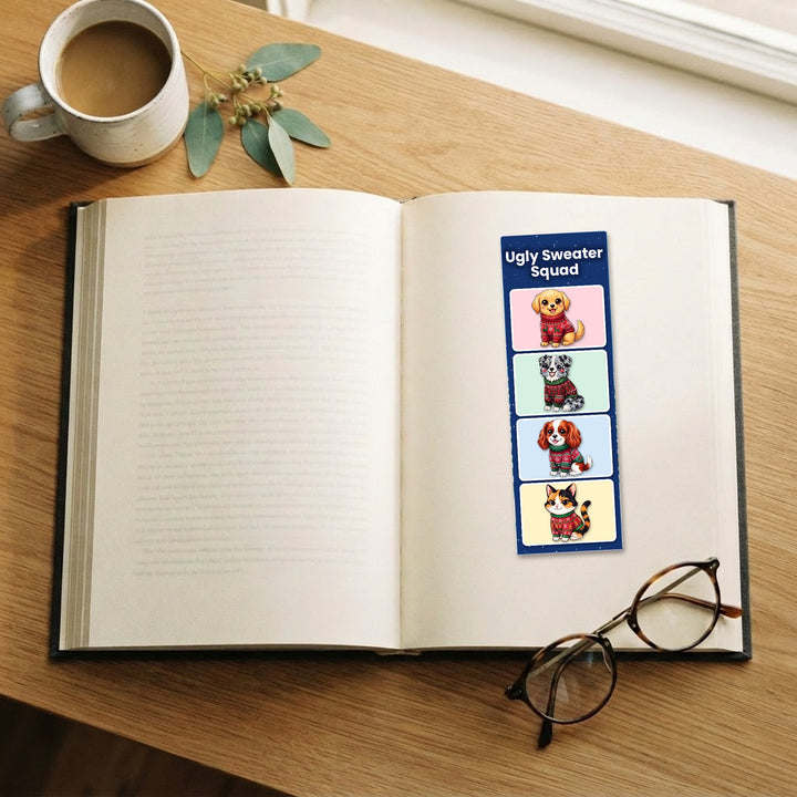 Ugly Sweater Squad kawaii bookmark on an open book – Designs by Mysh