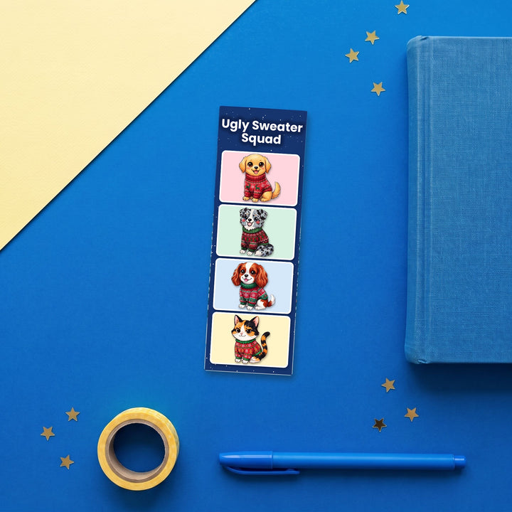 Ugly Sweater Squad kawaii bookmark flat lay with blue stationery – Designs by Mysh