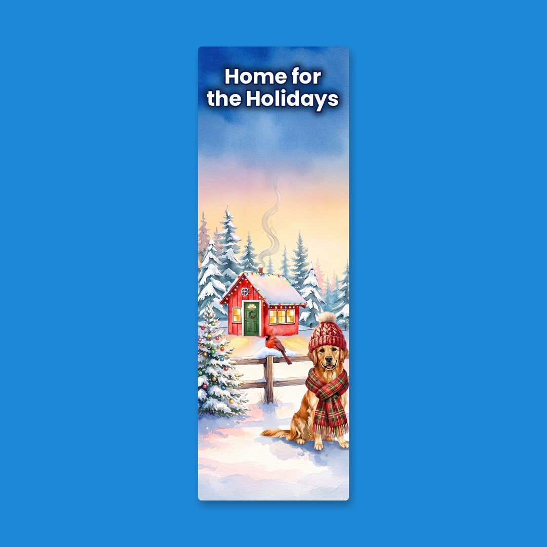 Home for the Holidays watercolor bookmark with Golden Retriever in beanie by a red Christmas cabin – Designs by Mysh