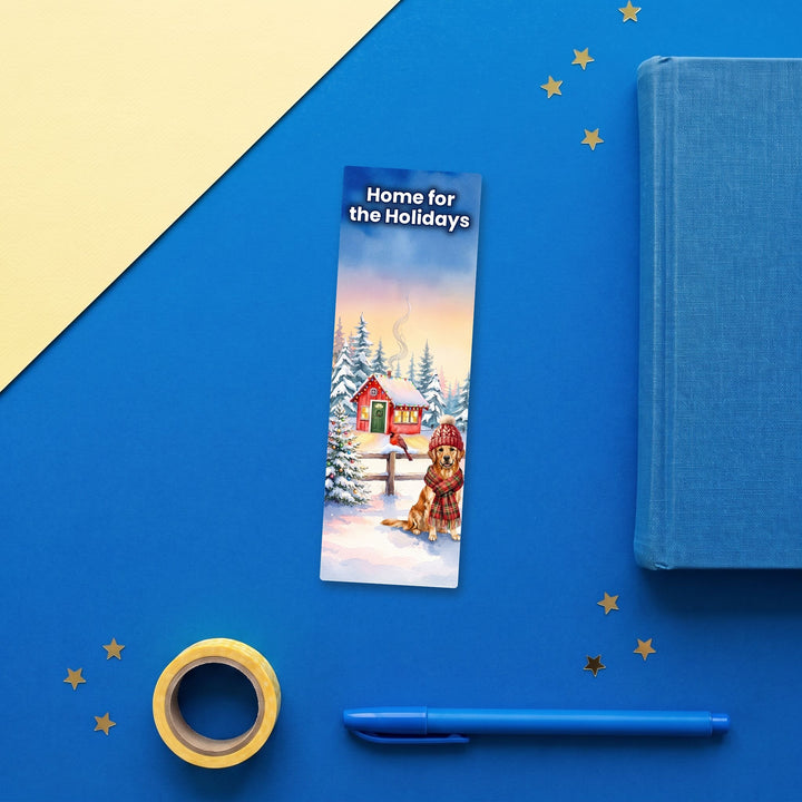 Home for the Holidays watercolor bookmark flat lay with blue stationery – Designs by Mysh