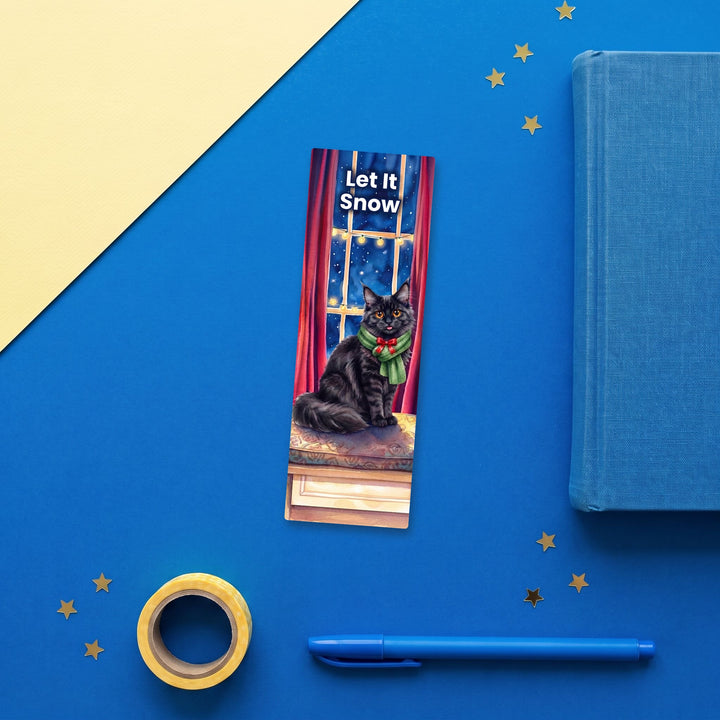 Let It Snow watercolor bookmark flat lay with blue stationery – Designs by Mysh