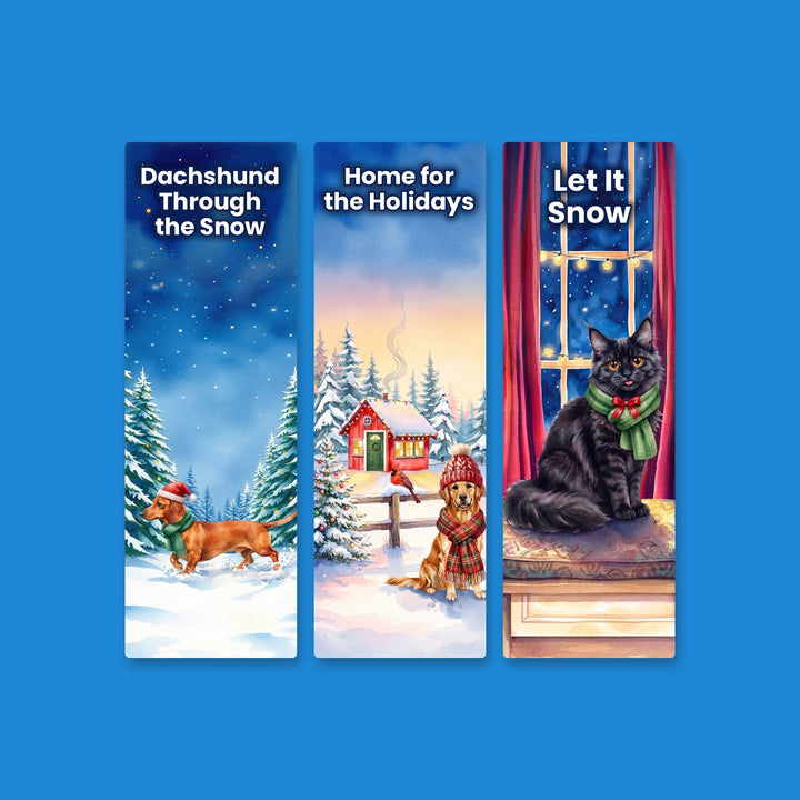 Set of 3 winter watercolor pet bookmarks: Dachshund, Golden Retriever and Maine Coon – Designs by Mysh