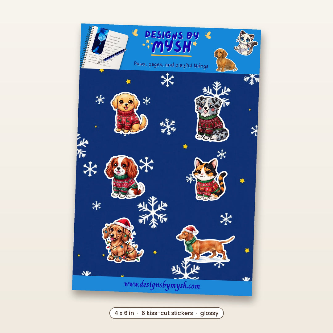 Christmas Pets glossy kiss-cut sticker sheet with six kawaii dogs and a cat in ugly Christmas sweaters