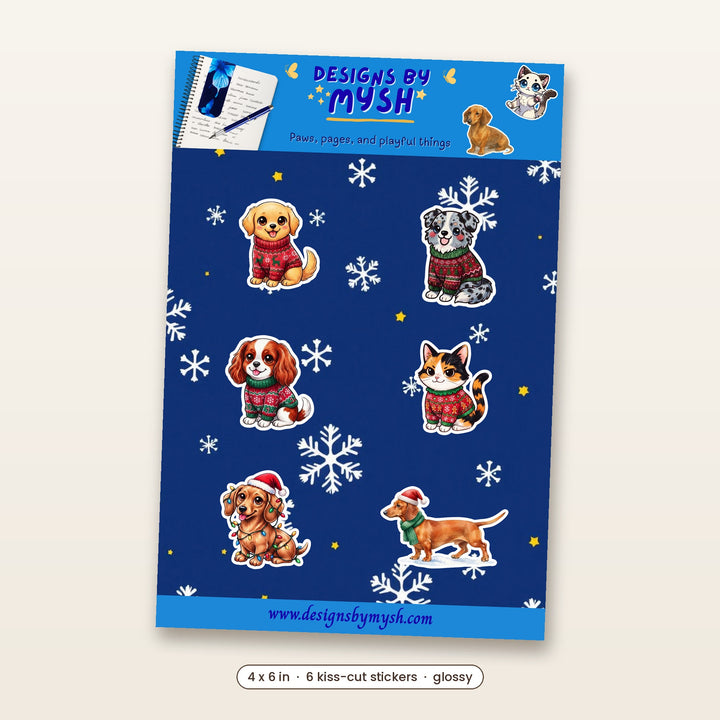 Christmas Pets glossy kiss-cut sticker sheet with six kawaii dogs and a cat in ugly Christmas sweaters