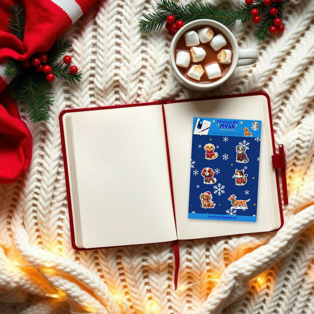 Christmas Pets sticker sheet in an open planner on a cozy knit blanket with cocoa – Designs by Mysh
