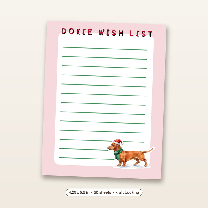 Doxie Wish List notepad with a watercolor red Dachshund in a Santa hat