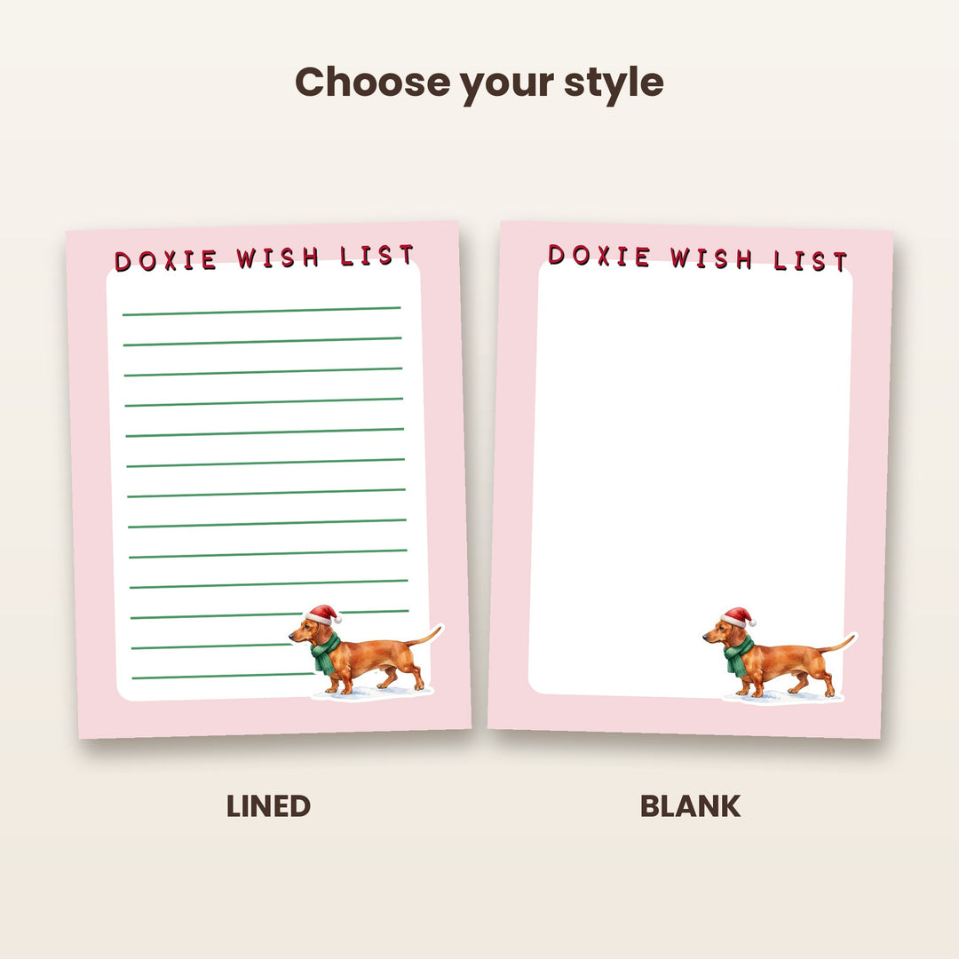 Doxie Wish List notepad lined and blank pages side by side