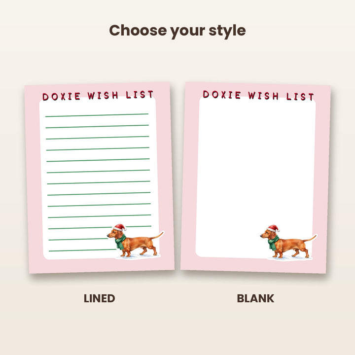 Doxie Wish List notepad lined and blank pages side by side