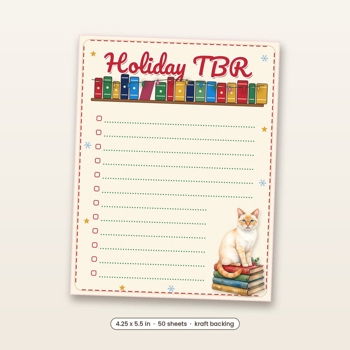 Holiday TBR notepad with a watercolor flame point Siamese cat on a stack of books
