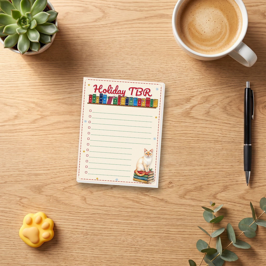Holiday TBR 4.25 x 5.5 notepad on a cozy desk with coffee and a pen for scale – Designs by Mysh