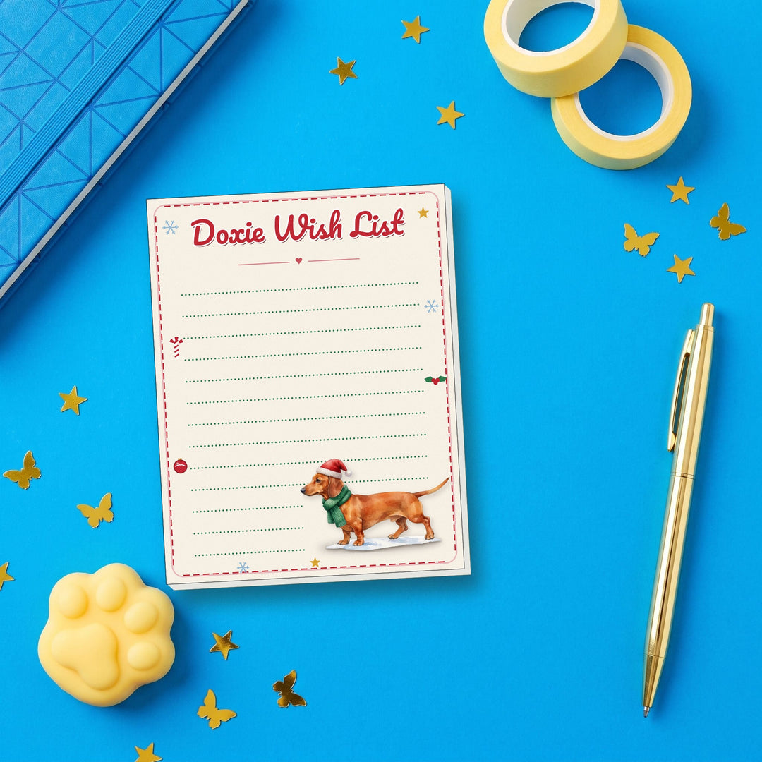 Doxie Wish List notepad flat lay with blue and yellow stationery – Designs by Mysh