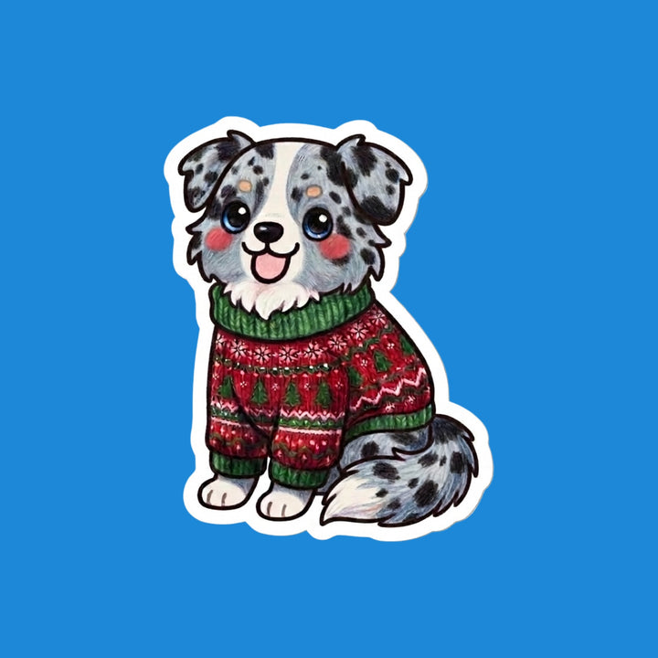 Kawaii blue merle Australian Shepherd in an ugly Christmas sweater vinyl sticker