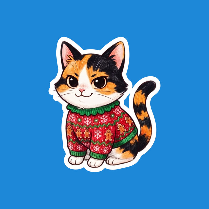 Kawaii calico cat in a gingerbread ugly Christmas sweater vinyl sticker