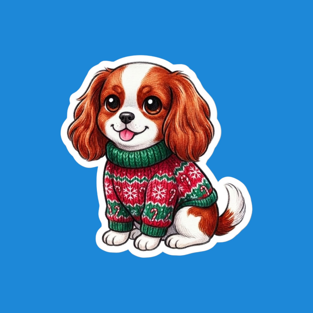 Kawaii Blenheim Cavalier King Charles Spaniel in a candy-cane ugly Christmas sweater vinyl sticker