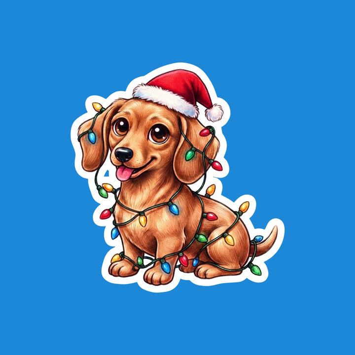 Kawaii red Dachshund in a Santa hat tangled in Christmas lights vinyl sticker