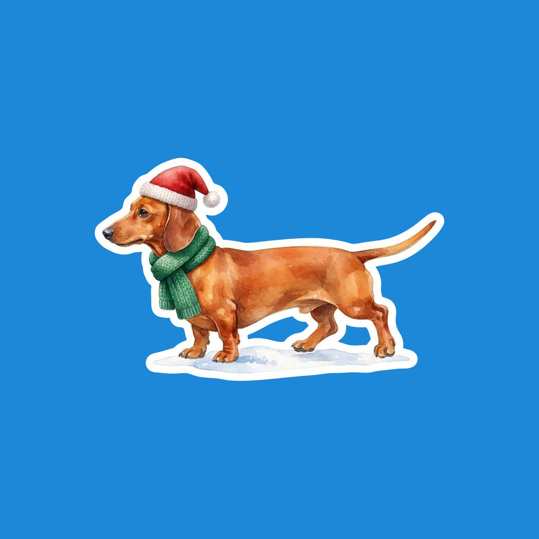 Watercolor red Dachshund in a Santa hat and green scarf in the snow vinyl sticker