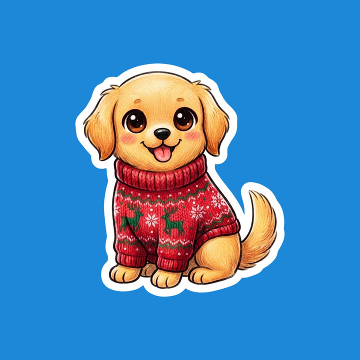 Kawaii Golden Retriever in a red reindeer ugly Christmas sweater vinyl sticker