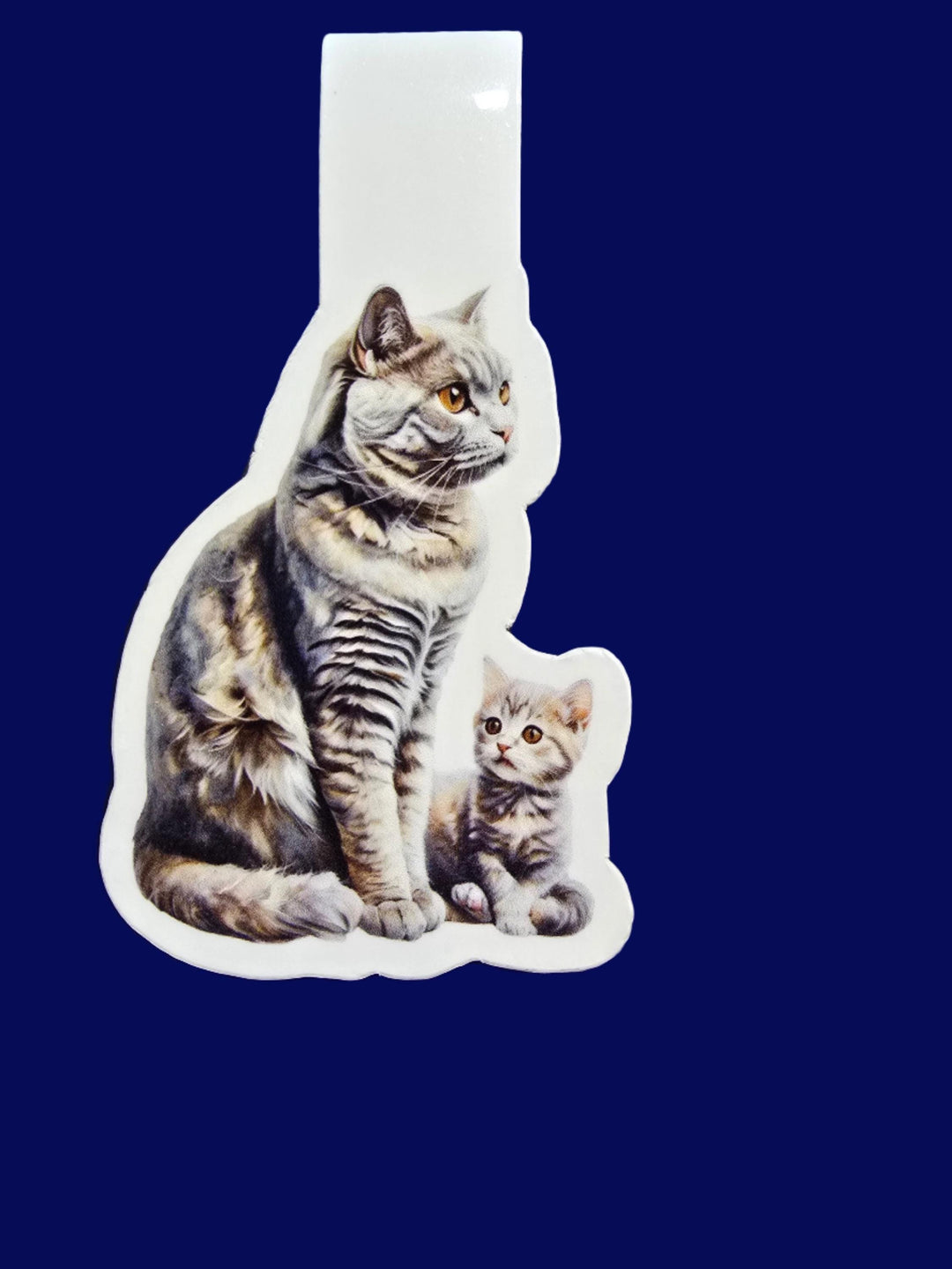Watercolor magnetic bookmark of an American Shorthair grey tabby cat and kitten