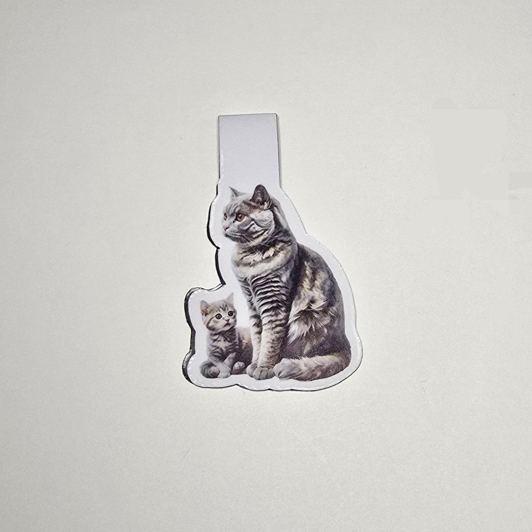 Watercolor magnetic bookmark of an American Shorthair grey tabby cat and kitten