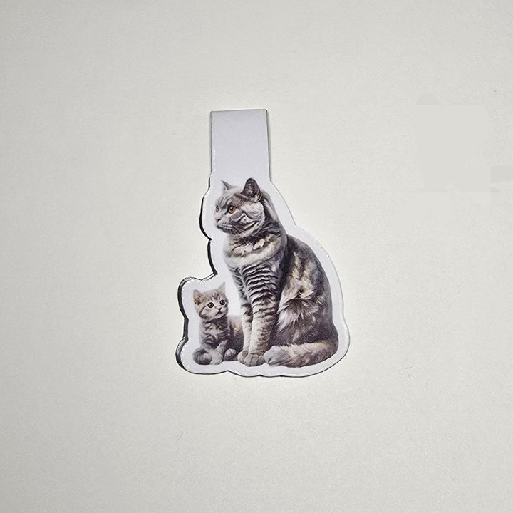 Watercolor magnetic bookmark of an American Shorthair grey tabby cat and kitten
