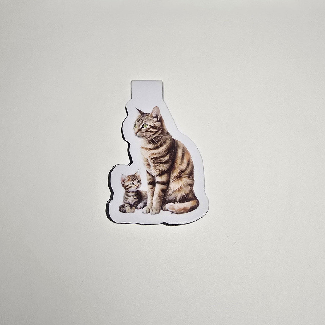 Watercolor magnetic bookmark of an American Shorthair brown tabby cat and kitten