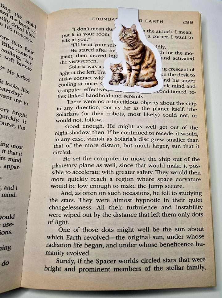 Watercolor magnetic bookmark of an American Shorthair brown tabby cat and kitten
