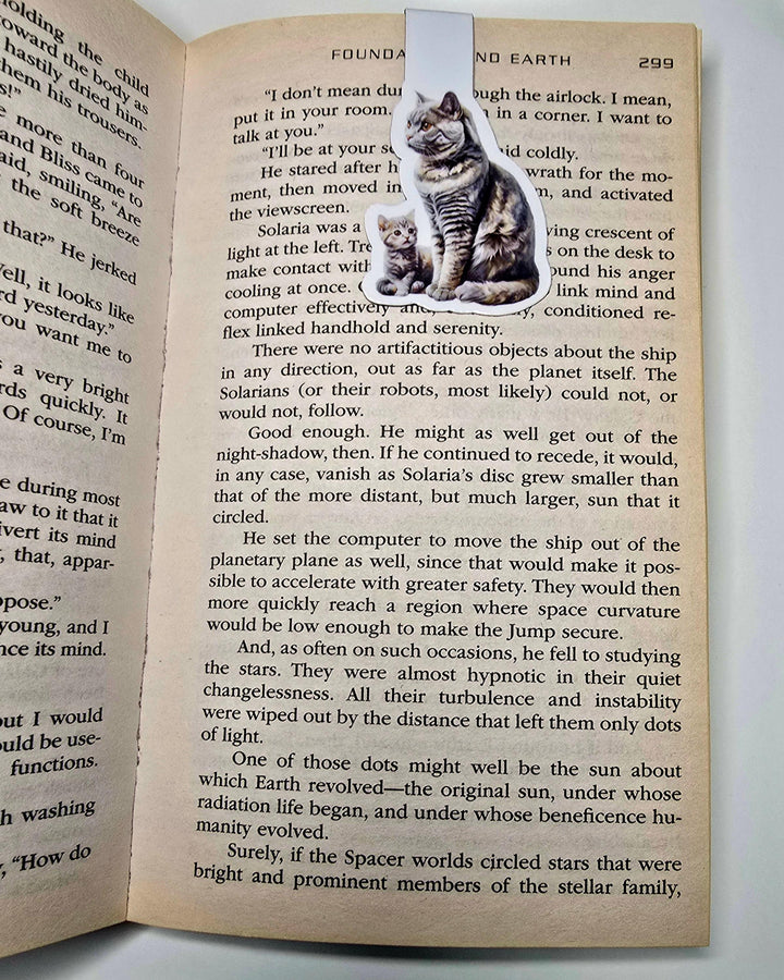 Watercolor magnetic bookmark of an American Shorthair grey tabby cat and kitten