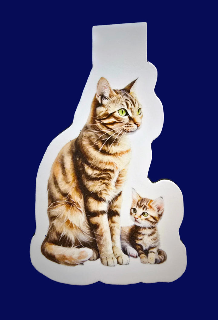 Watercolor magnetic bookmark of an American Shorthair brown tabby cat and kitten