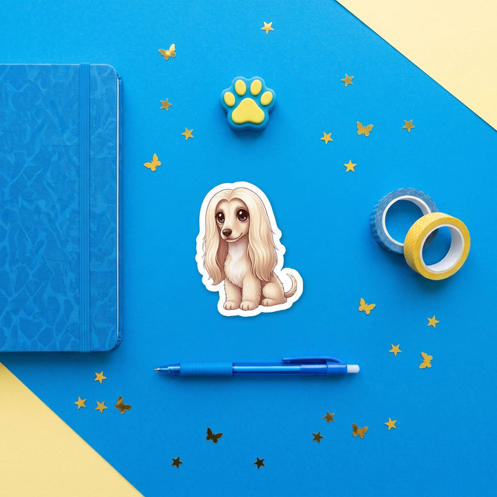Afghan Hound Beige kawaii 3 inch sticker flat lay with blue and yellow stationery – Designs by Mysh