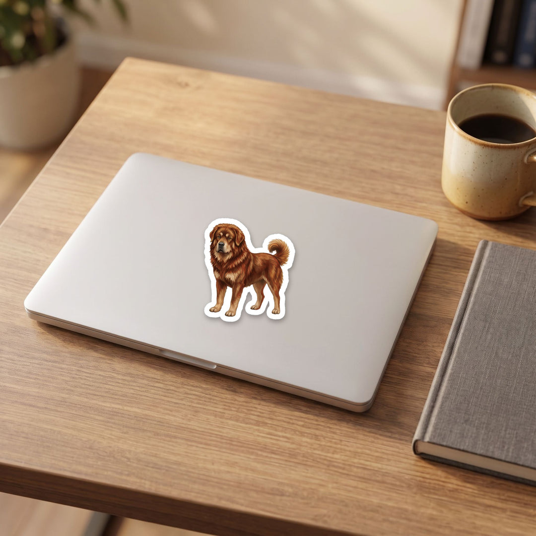 Tibetan Mastiff Red Gold watercolor vinyl sticker on a laptop lid – Designs by Mysh