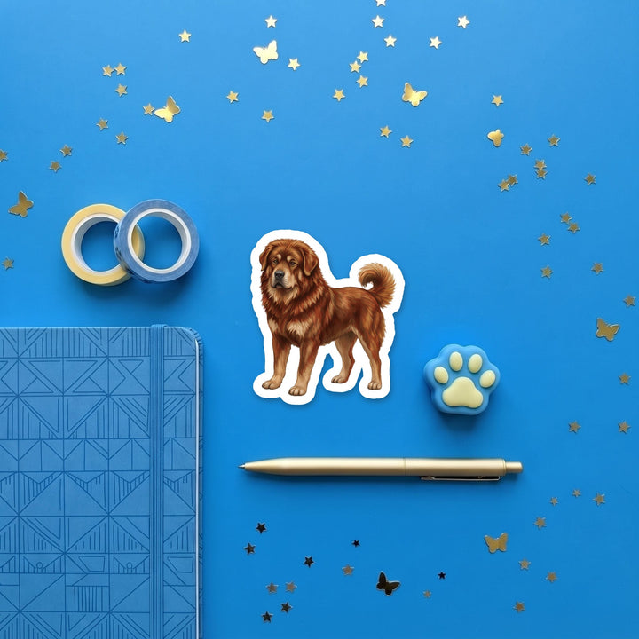 Tibetan Mastiff Red Gold watercolor 3 inch sticker flat lay with blue and yellow stationery – Designs by Mysh